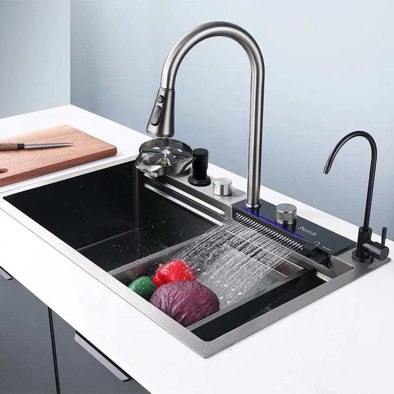 Wholesale Large Single Slot Multifunction Farm Vegetable Washing Sink LED Digital Display Waterfall Kitchen Sink With Cup Wash