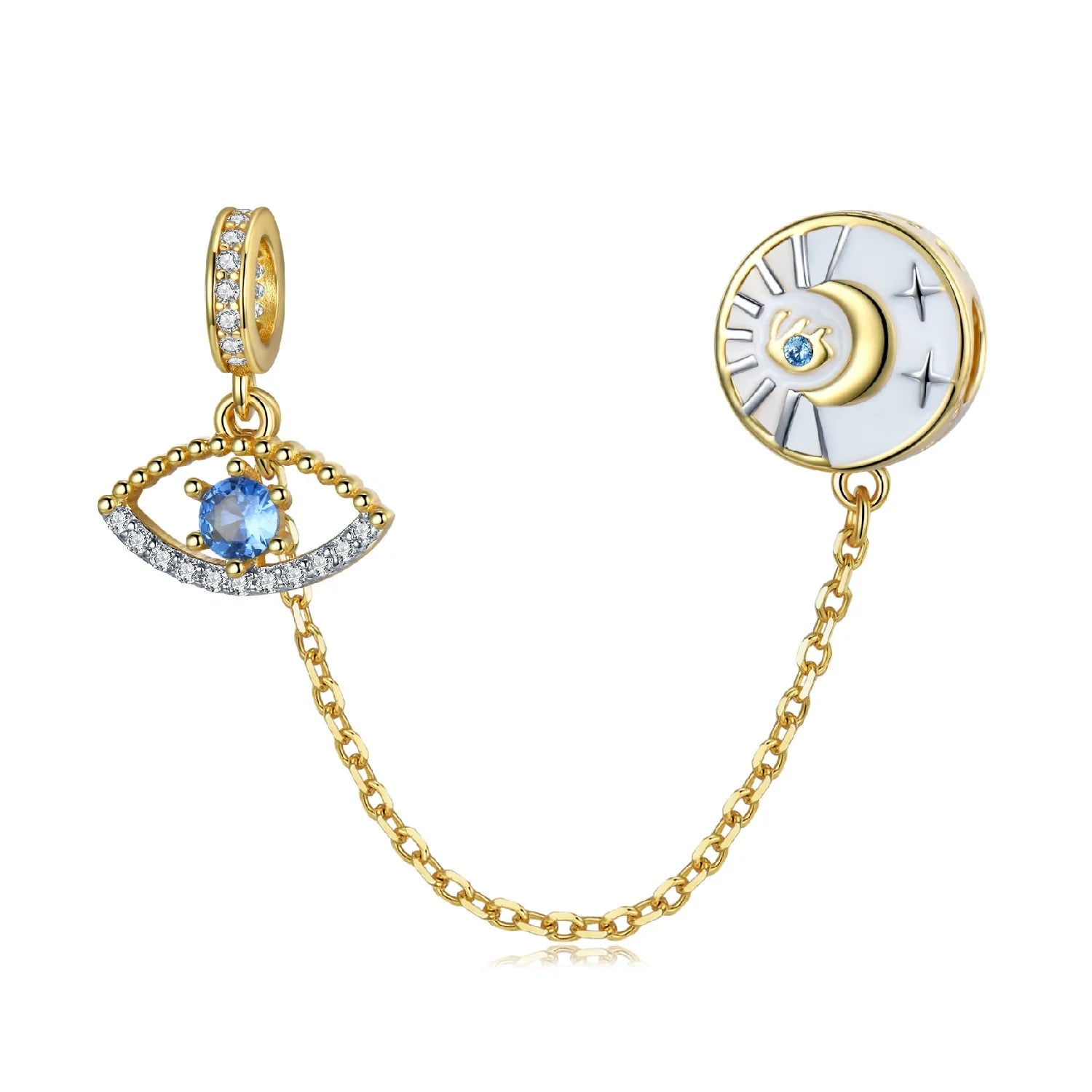 Moon Blue Demon Eyes Safety Chain 925 Sterling Silver Enamel Bead with CZ for Women Gold Plated Fine Jewelry Bracelet Wholesale