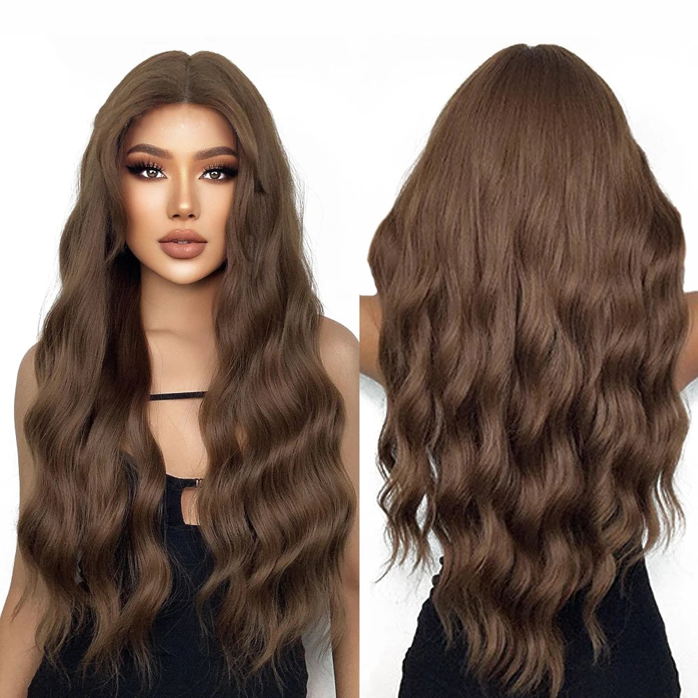 Japan fiber Long Wavy Brown Synthetic Lace Front Wigs Middle Parting 13x1 Lace Part Wigs for Women Water Wave Hair