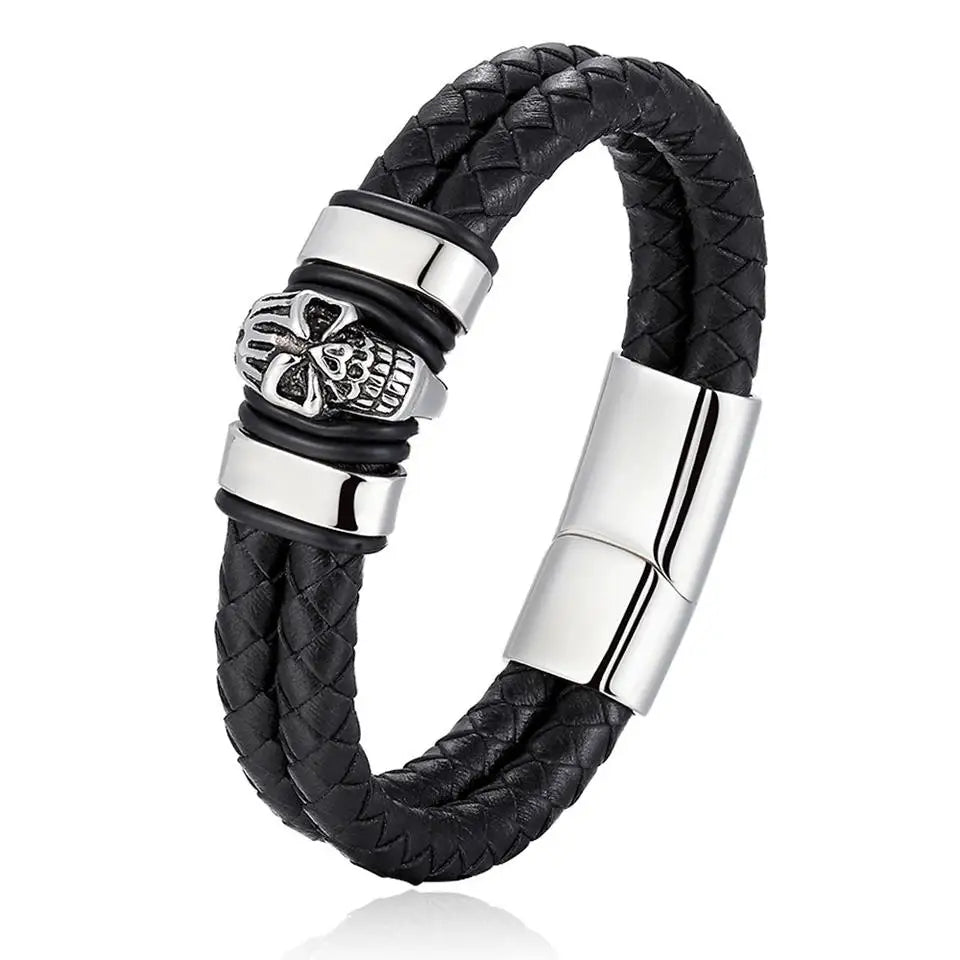 Punk Men Magnetic Hand Jewelry Simple Handmade Woven Braided Titanium Stainless Steel Wing Skull Leather Bracelet SK-003