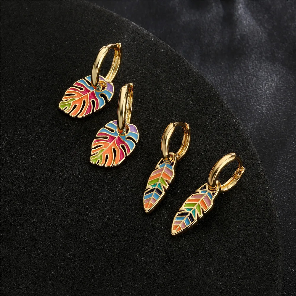 Wholesale Brass Cz Huggie Hoop Earrings Jewelry 18k Gold Plated Colorful Enamel Leaf Earrings