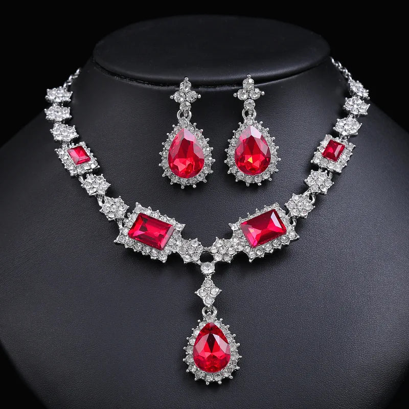 New Design Wholesale 2pcs Exquisite Red Cubic Zirconia Bride Wedding Necklace Earrings Jewelry Sets