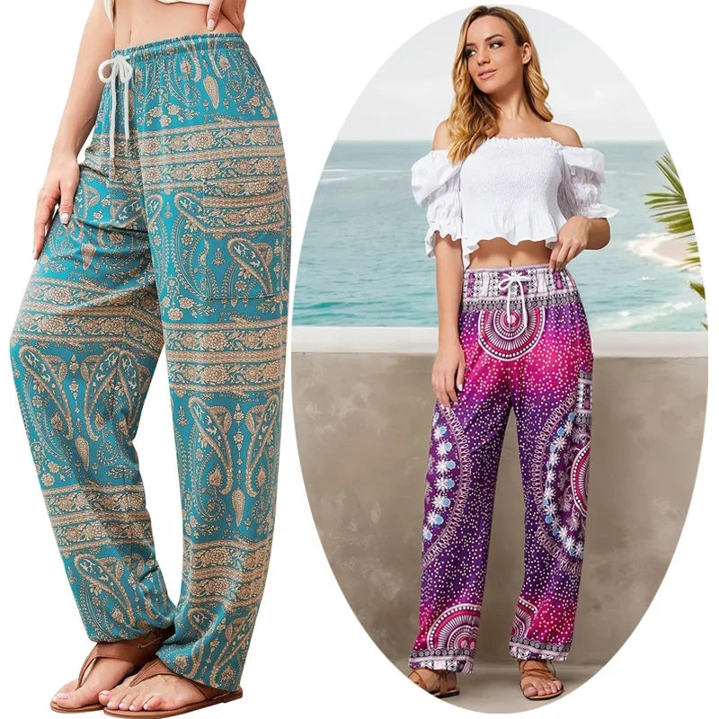 Womens Bohemian Yoga Pants Thailand Indonesian Hippie Trousers With Pocket Gypsy Costume Boho Clothing Palazzo Pants