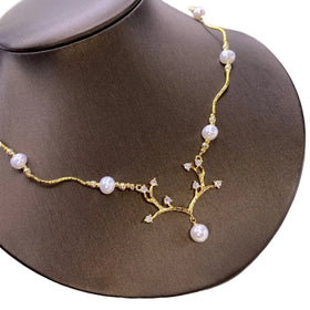 18K Gold Plated Handmade Natural Freshwater Pearl Bead Necklace Branch Shape Round Pearl Necklace for Women
