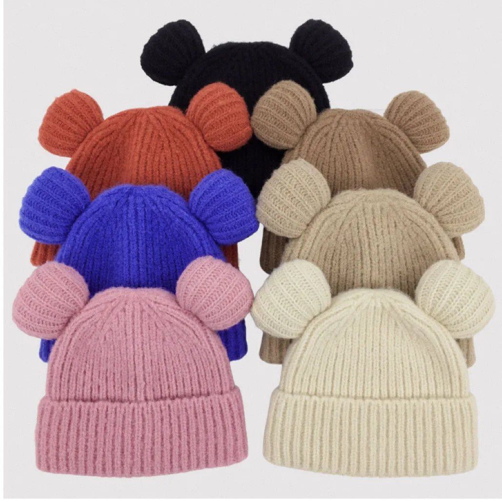 HZM-23103 Cute Adults Black Bear Premium Acrylic Beanie Ribbed Beanie Hats Bear Ear Beanie With Ears