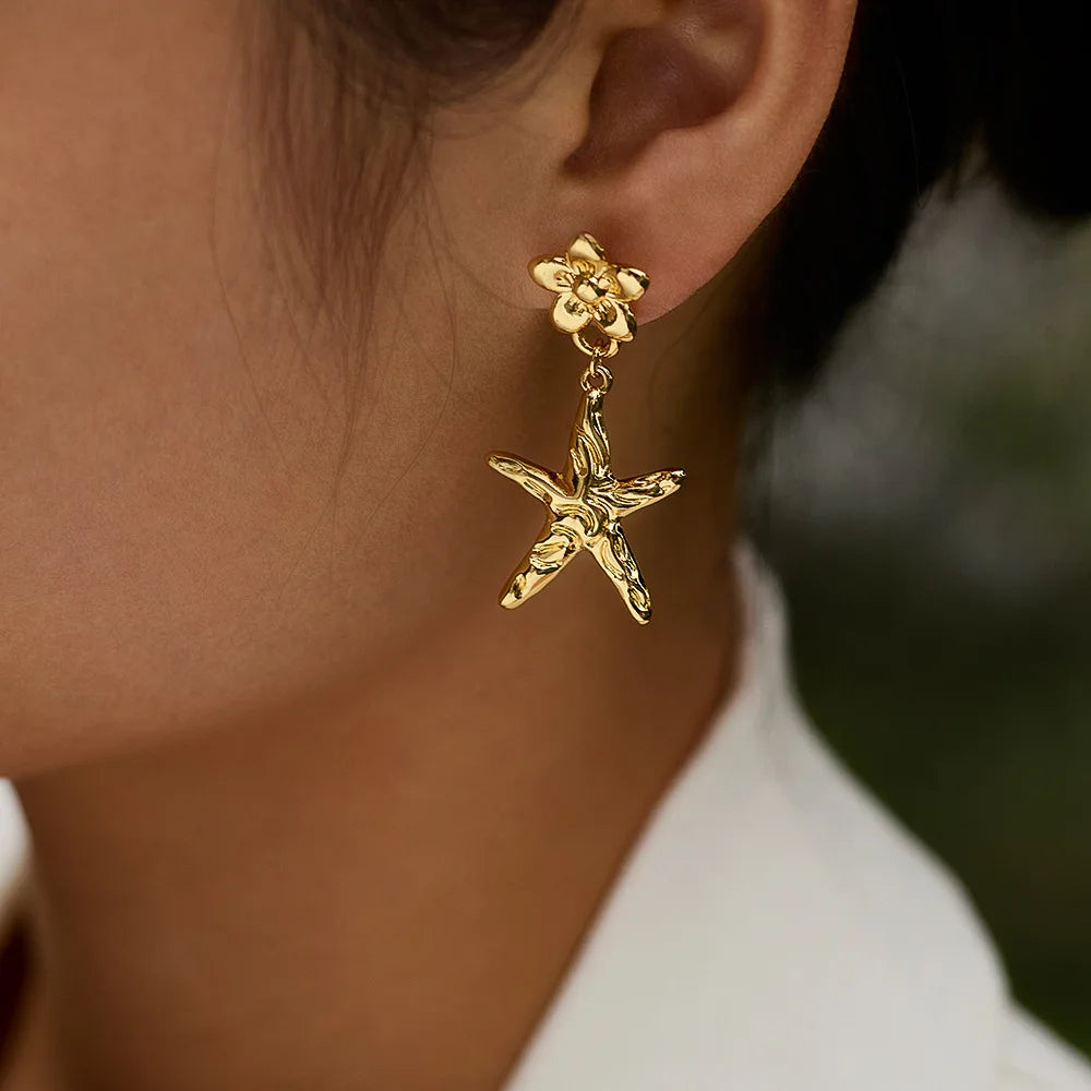 European & American Style Titanium Steel Starfish Earrings for Women Gold Plated Stainless Steel Star Charm Drop Earrings