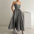 Wholesale 2026 Summer Niche V-neck Off Shoulder Pleated Waist Slimming Large Swing Sleeveless Suspender Women's Dress