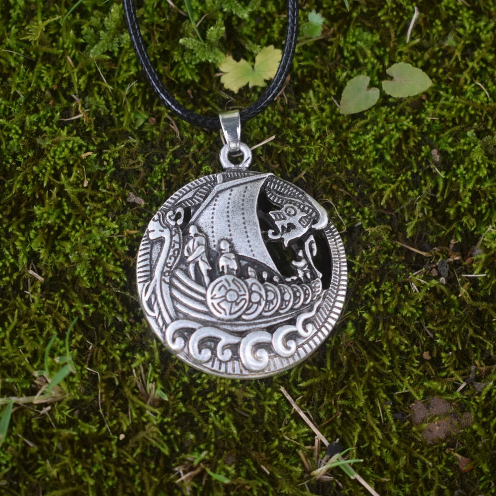 Unique Round Dragon Ship Pendant Necklace Viking Ship Pendant Men's Necklace