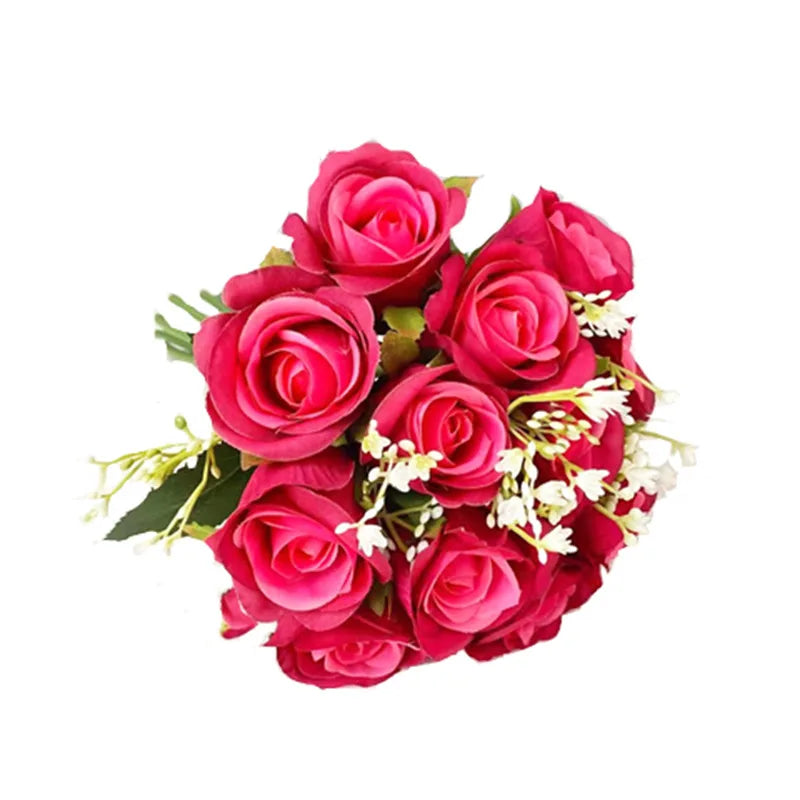 Wholesale 12 heads roses bushes silk artificial rose bouquet for wedding bridal bouquet