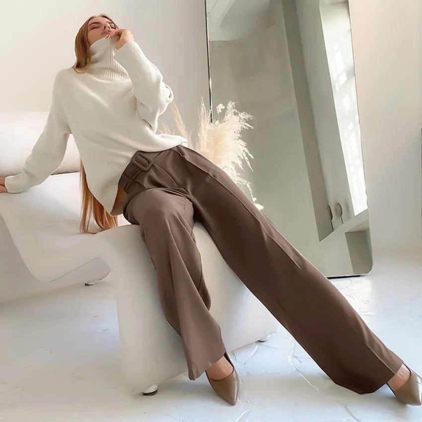 Arrival New 2026 Full Length Casual High Waisted Brown Palazzo Wide Leg Pants for Women