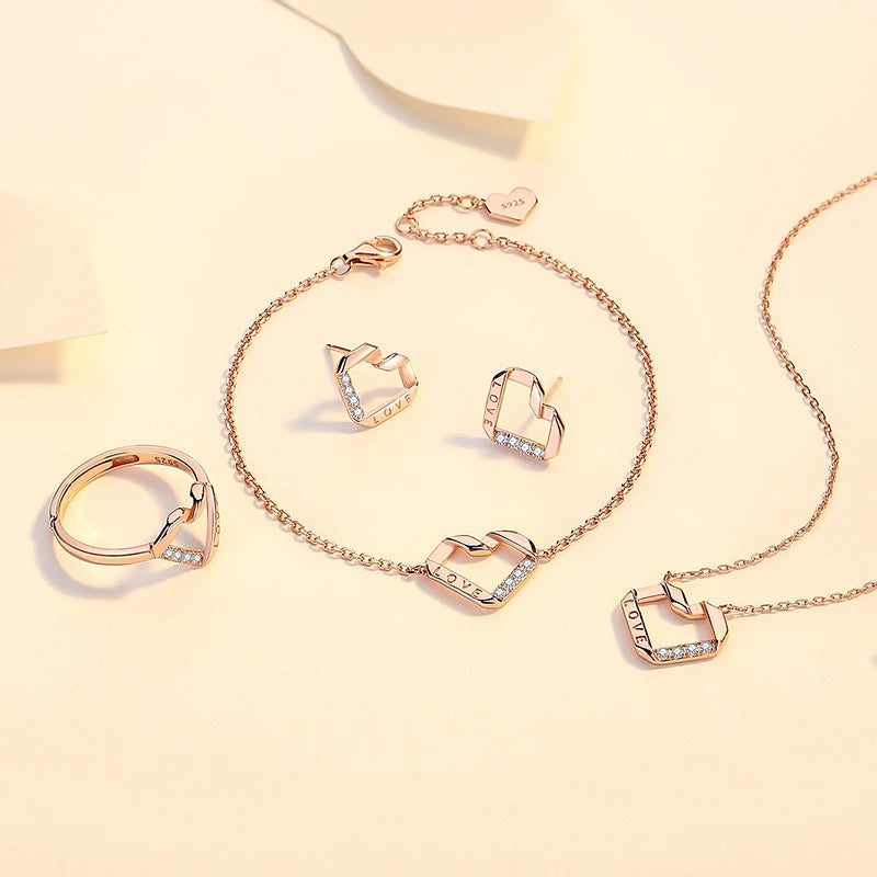 Daidan Silver 925 Jewelry Set Heart Neckles Hollow Out Gold Plated Rose Gold Cz Necklace Heart Jewelry Set
