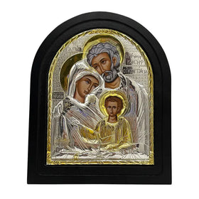 HT 19cm Byzantine Holy Family Icon Orthodox Holy Family Icon Alloy Embossed Icon with Arched Wooden Frame Home Prayer Decor