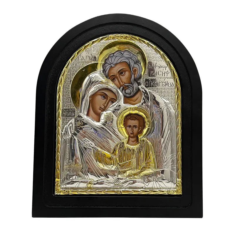 HT 19cm Byzantine Holy Family Icon Orthodox Holy Family Icon Alloy Embossed Icon with Arched Wooden Frame Home Prayer Decor