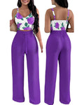 S-XXL New Flower Print V-Neck Strap Top With Solid High Waist Pants Set Casual 2-piece Set