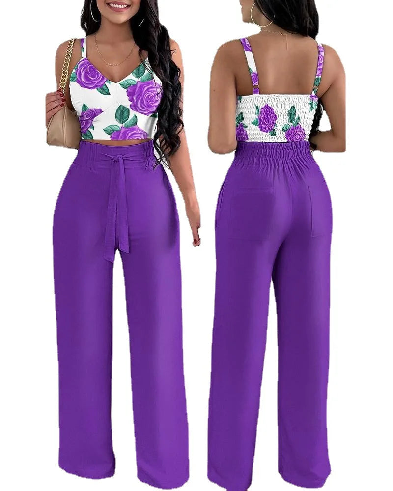 S-XXL New Flower Print V-Neck Strap Top With Solid High Waist Pants Set Casual 2-piece Set