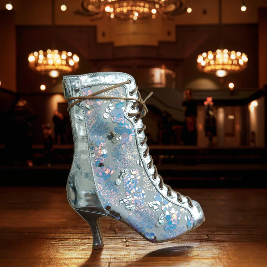 New Arrival Professional Latin Salsa Ballroom Dance Shoes for Women Silver PU with Mesh and 7cm Heel Suede Outsole