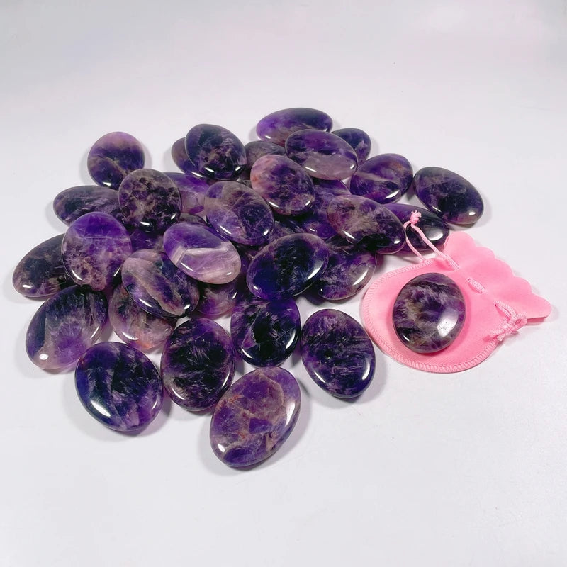 Hongzhuo Natural Cheapest Palm Stone Amethyst Oval Pocket Stones Handmade Smooth Healing Crystal