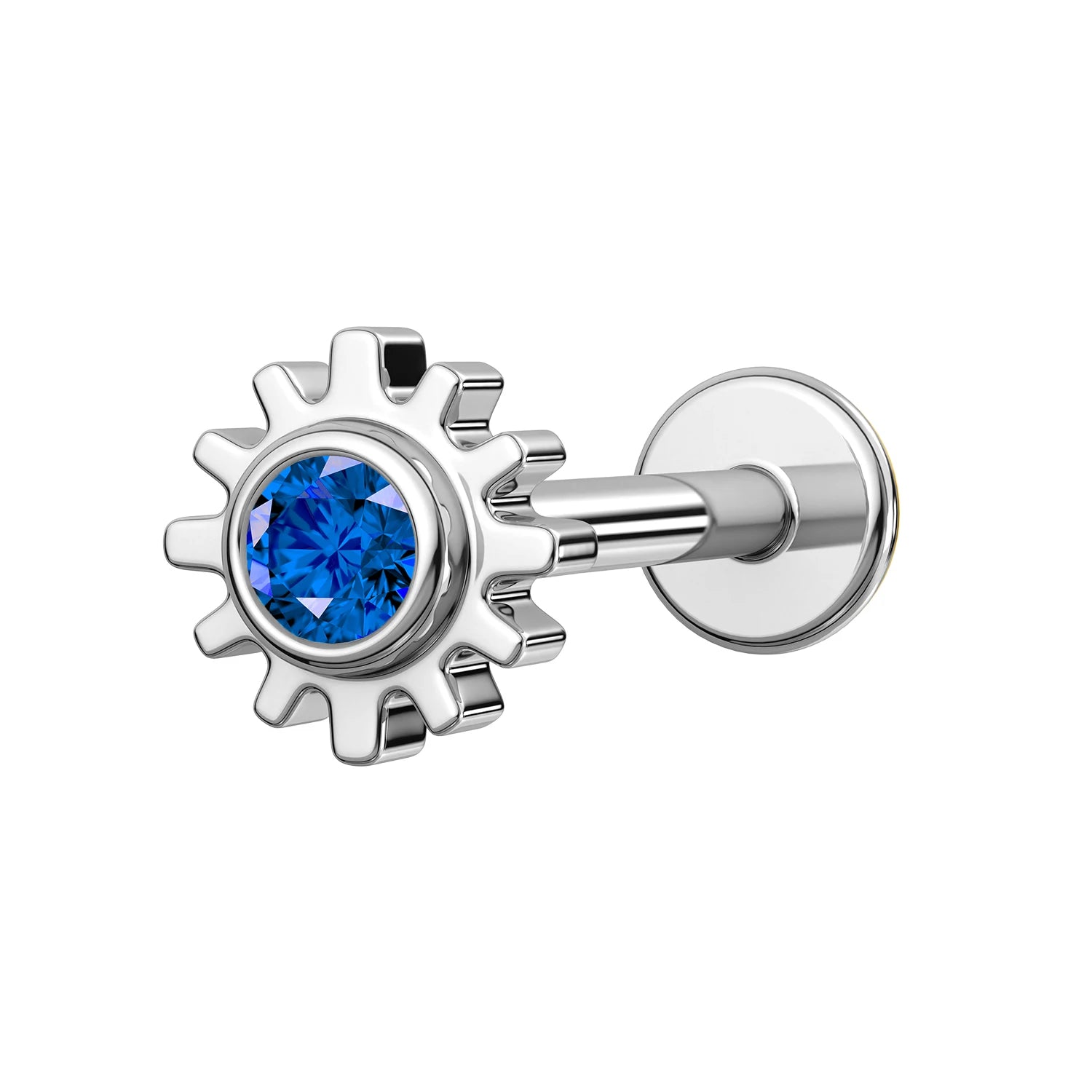 TOPOSH 16G G23 Titanium Threadless Labret Stud Blue CZ Bezel Set Gear Design Zircon Main Stone for Children's Wedding Cartilage