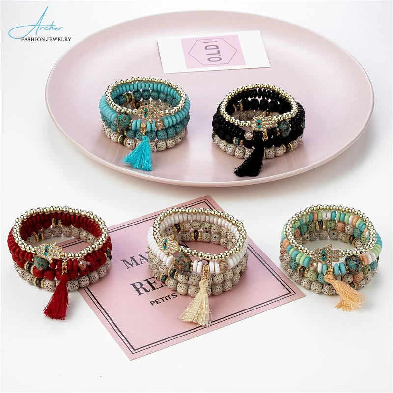 Bracelet Color Bohemian Folk Style Women Multi-layer Stretch Rice Beads Hand String