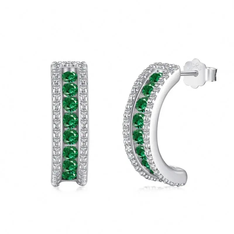 Dylam S925 Sterling Silver Round Half Hoop Jewelry Female C-Shaped Earring Cz Cubic Zirconia Green Emerald Stud Earrings Women