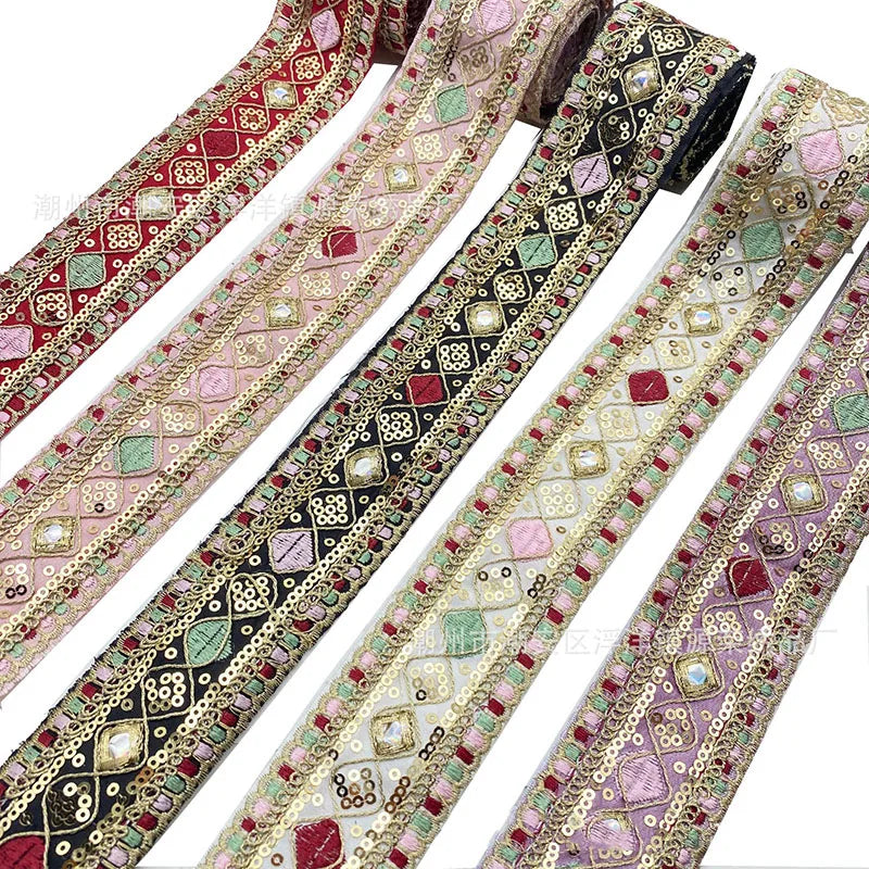 Wholesale 4cm Multi-color Diamond Sequin Ribbon Ethnic Embroidery Lace Decorative Lace for Skirt Cuffs