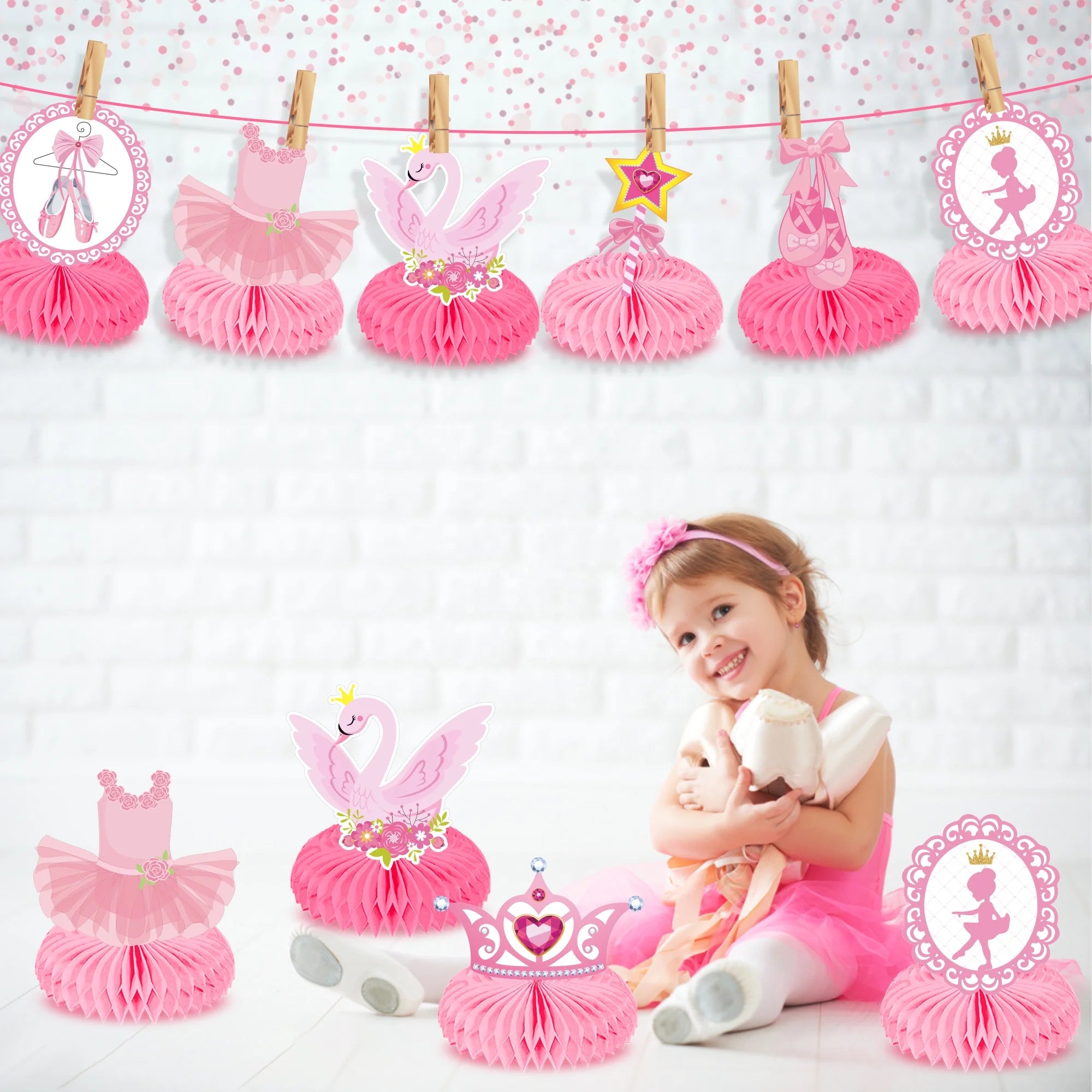 Huancai Ballet Honeycomb Centerpiece Table Decorations 9 Pcs Dancing Girl pink Paper Fan for Birthday Ballerina Party Supplies