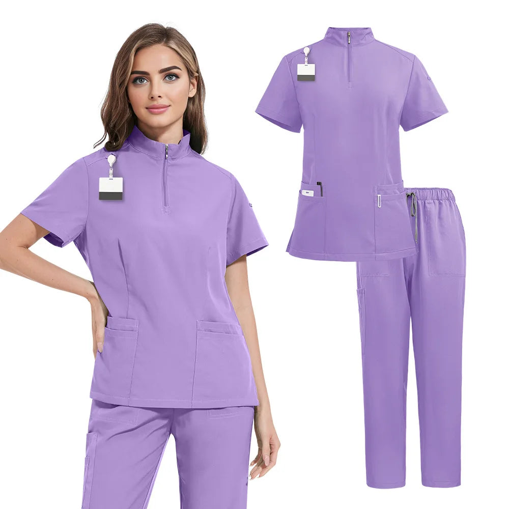 New Design Stand Collar Zipper Quick Dry Custom logo Hospital Uniforms Scrubs Dental Nurse Uniform Suit Women Scrubs Uniform Set