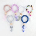 Summer Eco-Friendly Elastic Silicone Bead Key Chain Bracelet Wooden Beads Circle Wristlet Key Chain
