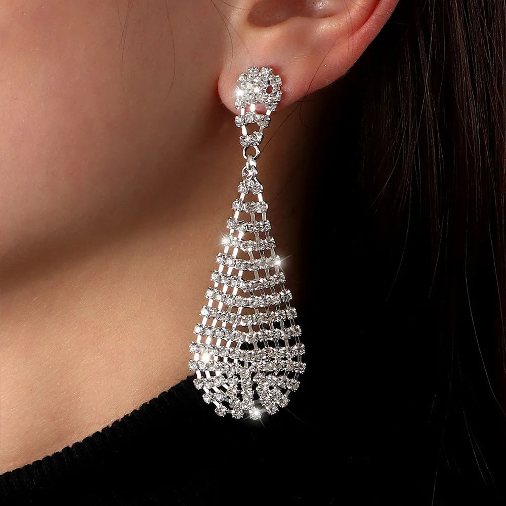 European and American 925 Silver Needle Earring Rhinestone Drop Exaggerated Earrings Designer Bride Crystal Tassel Earring