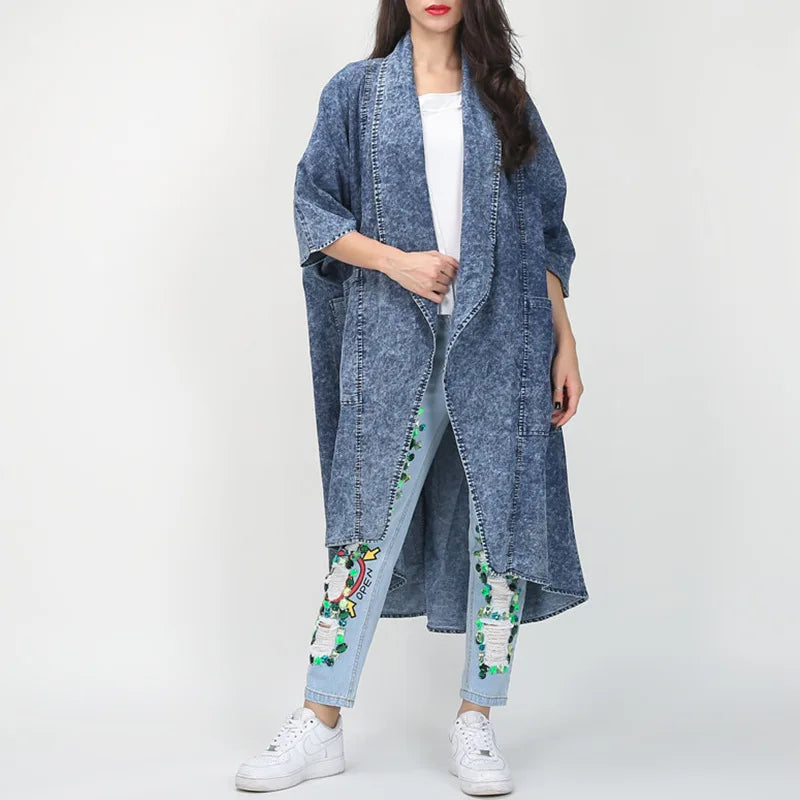 Bettergirl Cardigan Denim Trench Coat for Women's Fashionable Lapel Bat Sleeve Loose Jacket for Women