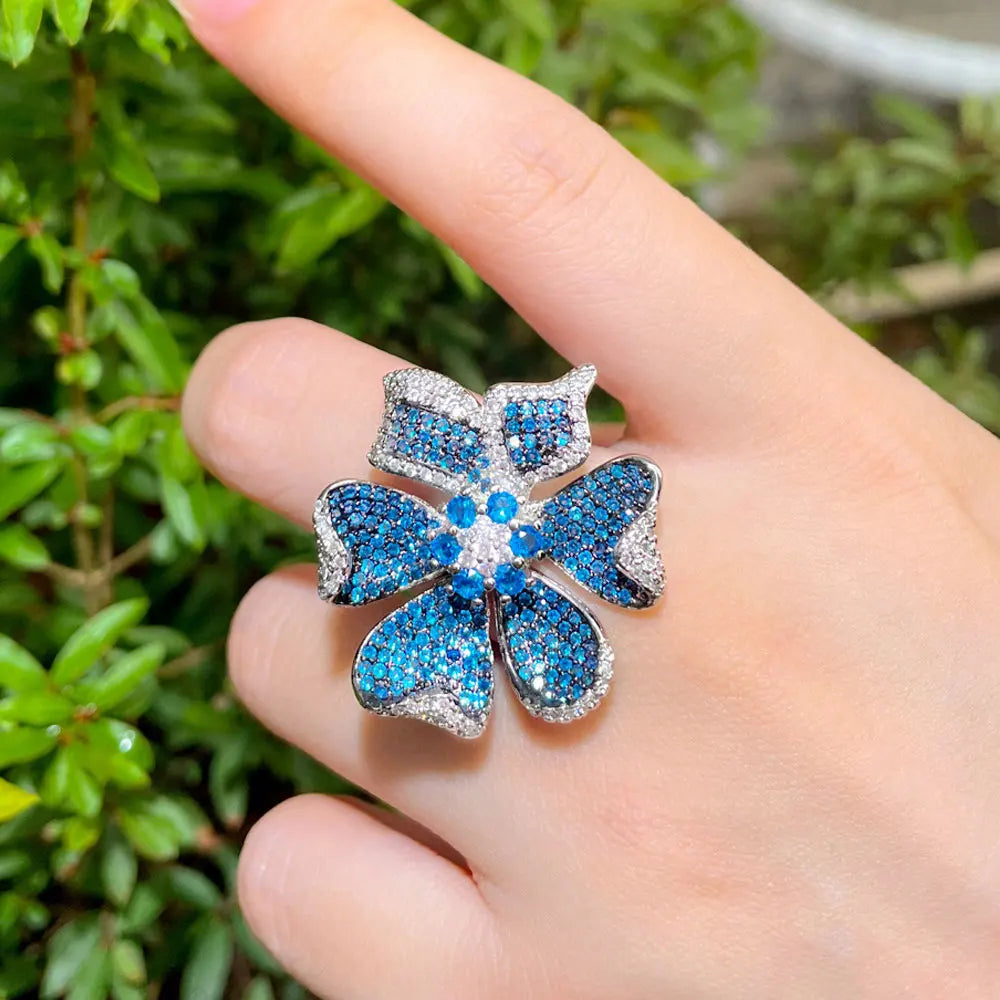 Exaggerated Big Flower Cubic Zirconia Crystal Silver Plated Women Blue Wedding Rings for Brides Hand Jewelry Accessories