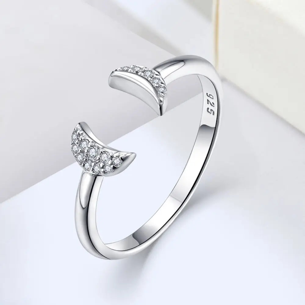 YH Jewellery 925 Sterling Silver Open Adjustable Crescent White CZ Double Two Moon Ring Diamond Fashionable Star Wholesale