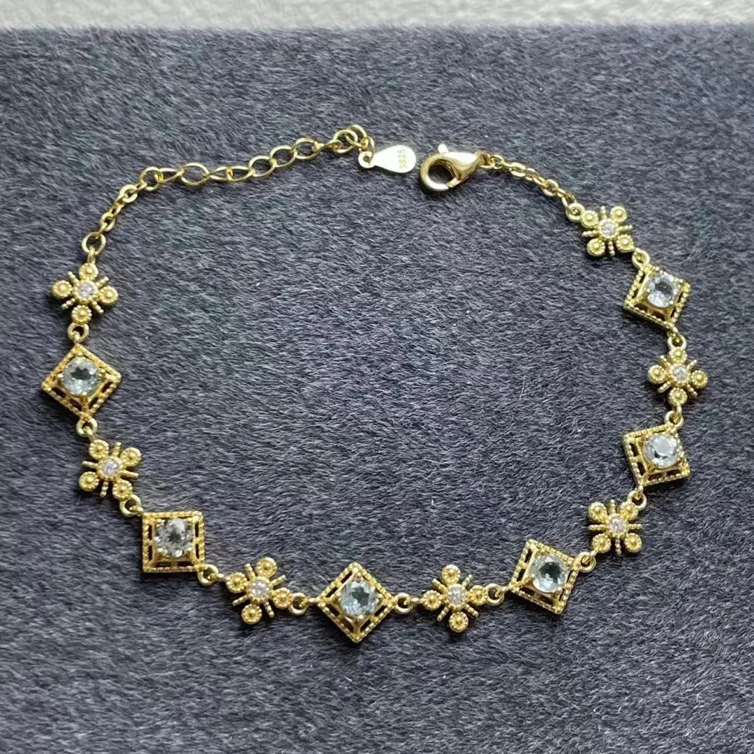 925 Sterling Silver Round Cut Natural Aquamarine Gemstone Bracelet for Girls New Design Hand Fashion Rhodium and Gold Plated