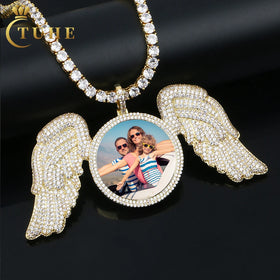 90mm Iced Out Big Wing Custom Photo Pendant Gold Plated Brass AAAAA CZ Diamond Picture Necklace Men Women Jewelry