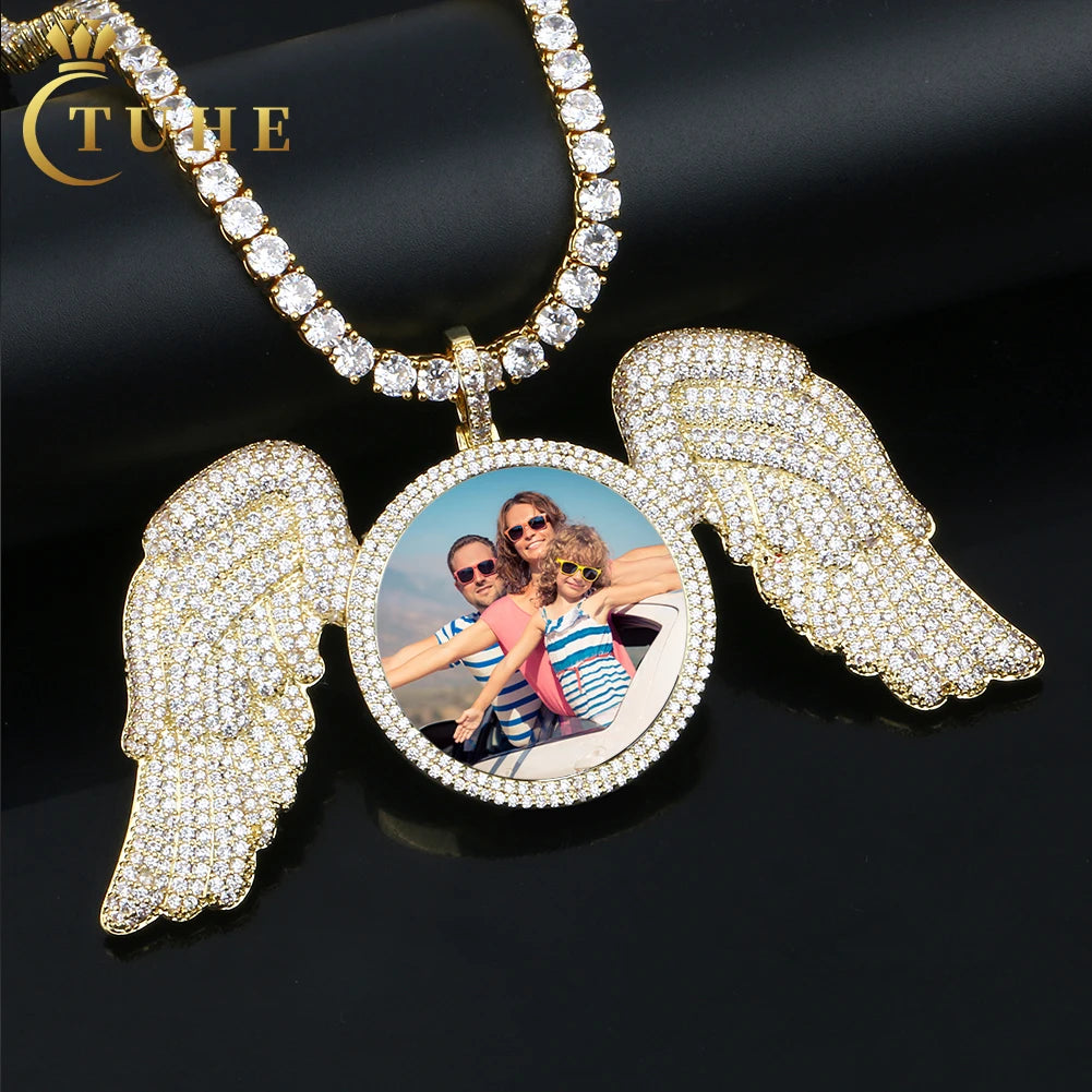 90mm Iced Out Big Wing Custom Photo Pendant Gold Plated Brass AAAAA CZ Diamond Picture Necklace Men Women Jewelry
