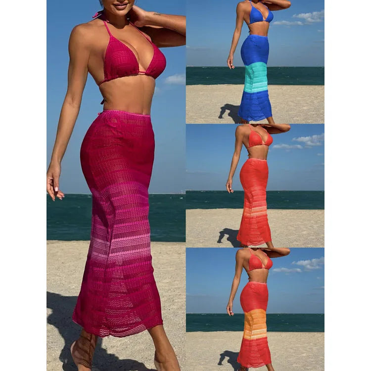 New Gradient Mesh Bikini Sexy Beach Triangle Bikini Long Skirt Bikini Set
