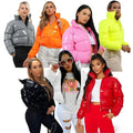 Fashion Women Neon Green Shiny Puffer Jacket Cropped Bubble Winter Coat Padded Coat