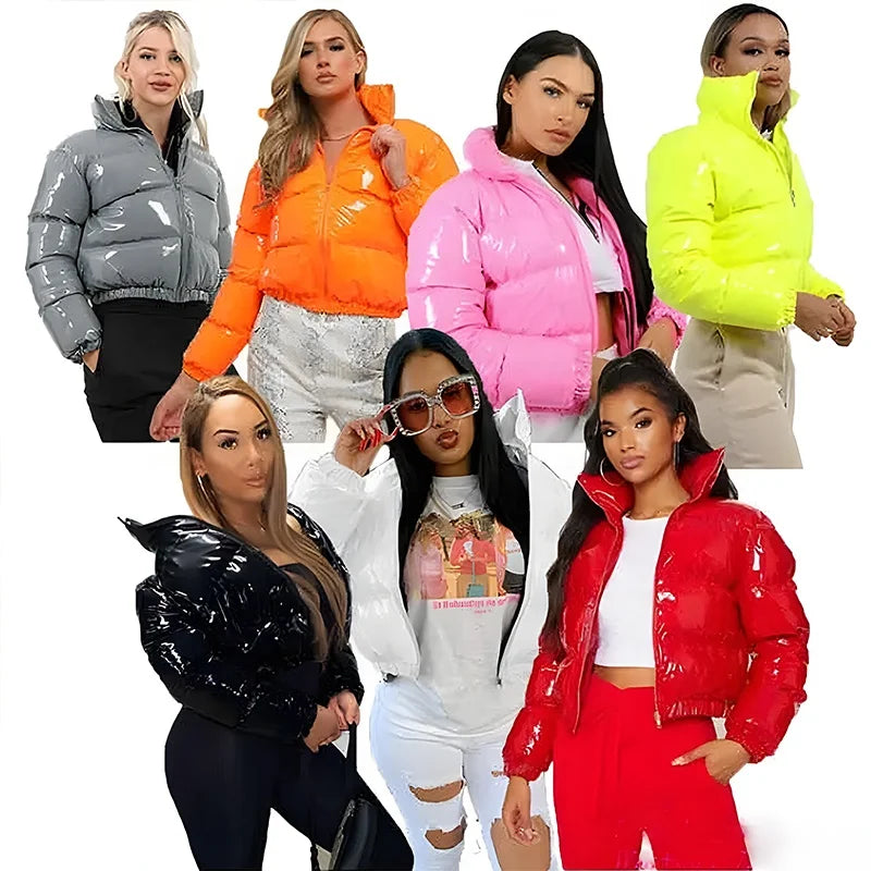 Fashion Women Neon Green Shiny Puffer Jacket Cropped Bubble Winter Coat Padded Coat