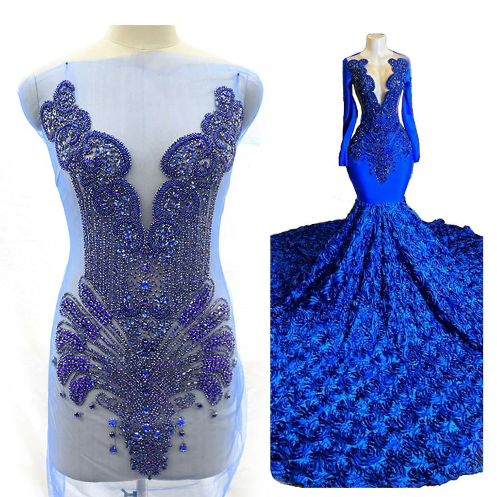 WDP-245-1 Keering Dress Panel Handmade Black Strass Navy Blue Crystal Applique Rhinestone Patch Decoration Wedding