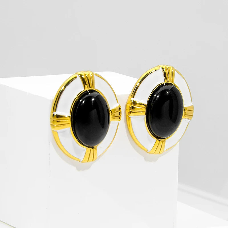Luxury Gold-Plated Stainless Steel Stud Earrings Black Red Enamel Pearl Geometric Pattern Small Premium Fashion Jewelry Zircon
