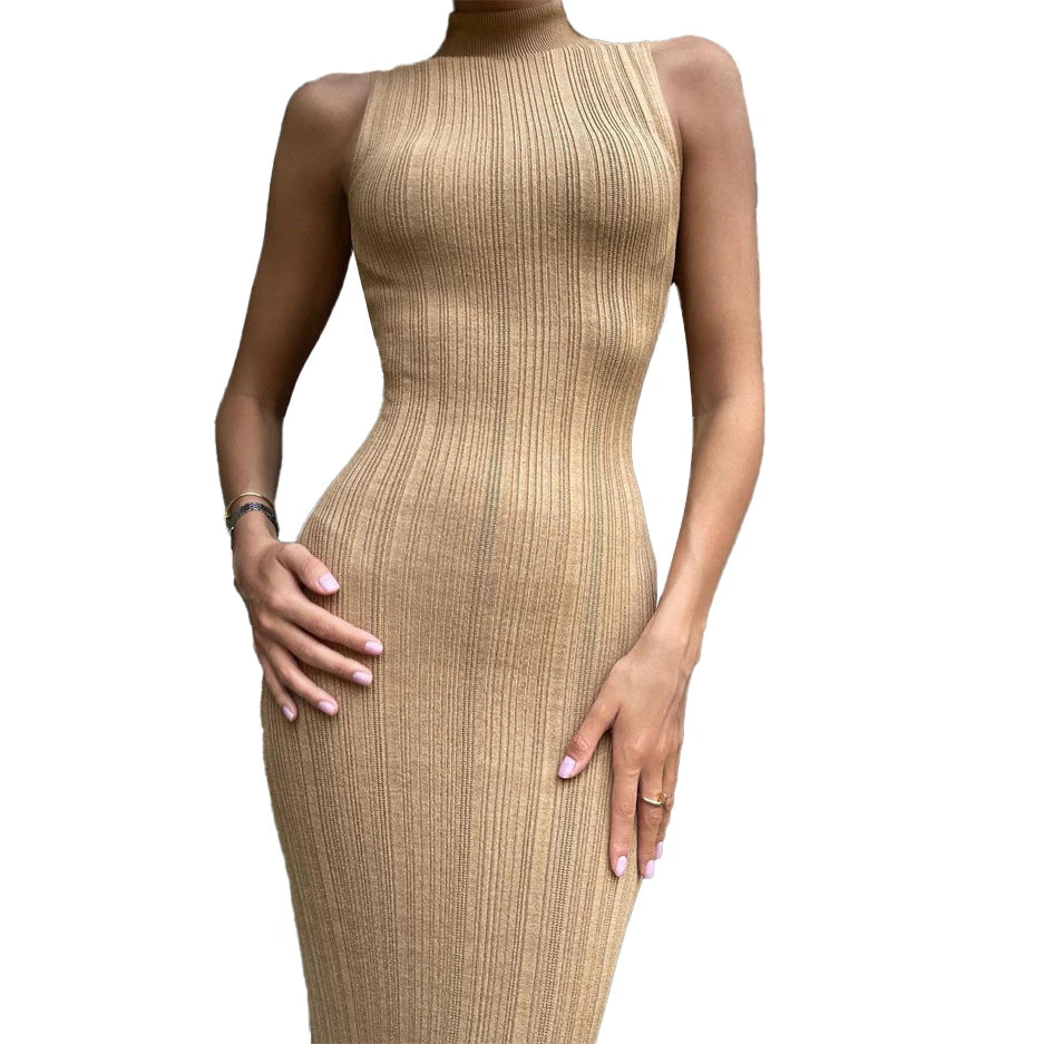 Spring and Summer Retro Turtle-Neck Wrap Knit Dress Elegant Slim Sleeveless Knit Sweater Dress Knitted Sweater Dress for Women