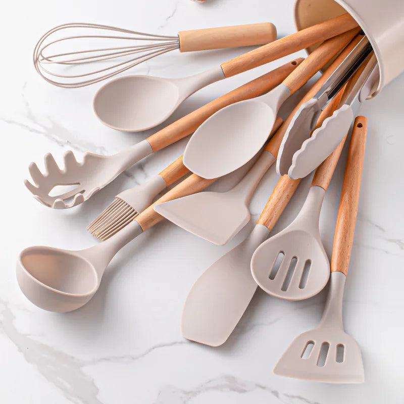 Wholesale Multifunction Kitchen Storage Utensils Accessories Kitchen Gadget Cooking Tools with Wooden Handle 12 Piece in 1 Set
