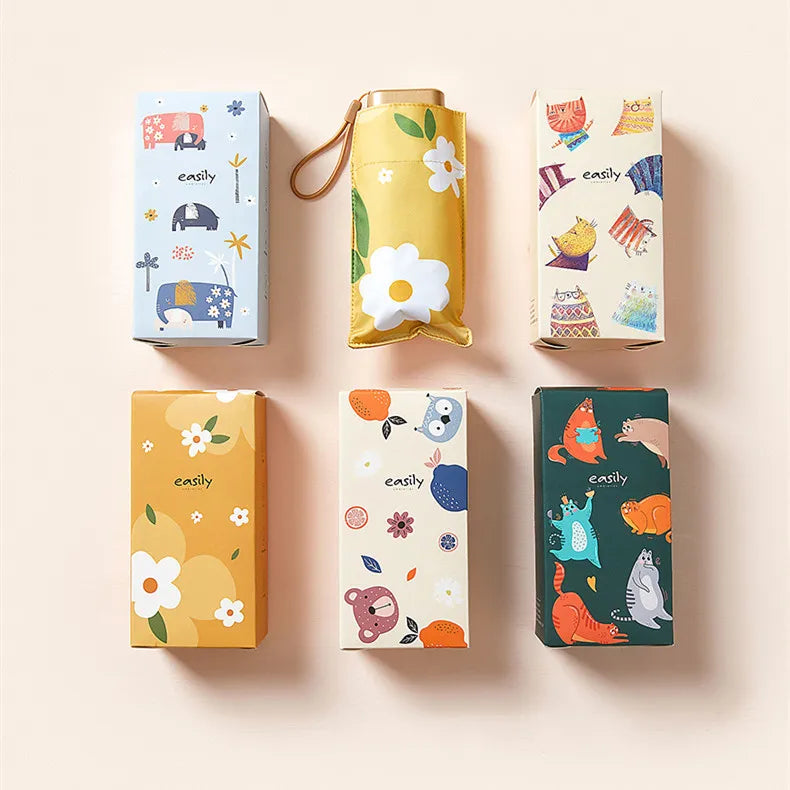 Luxury Mini Pockets Portable 6-Fold Flat Compact UV Coated Small Cute Cartoon Pattern Waterproof Windproof Manual Umbrella for