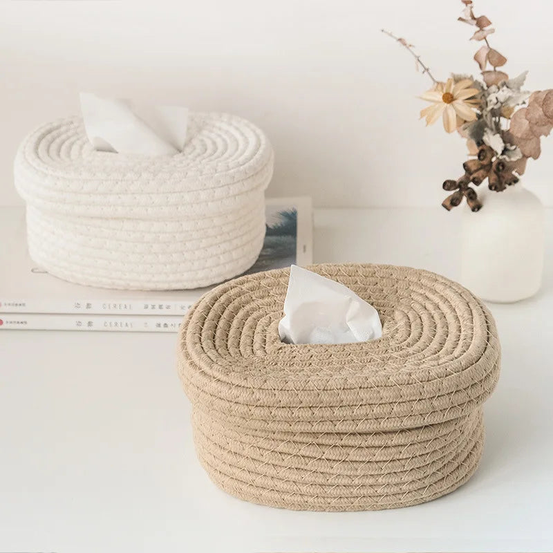 Simple Japanese Style Hand-washed Cotton Rope Woven Tissue Paper Storage Box Creative Desktop Storage Box Home Decorations