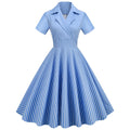 Hepburn Style Retro Cotton Striped Short Sleeve Large Swing Summer Dress CTD2298 50s 60s Suit Collar Women Dresses
