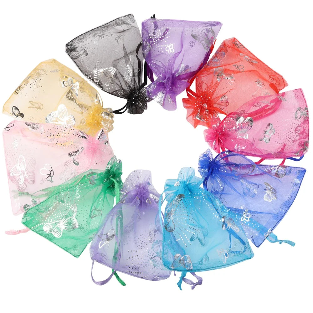 7x9cm Drawstring Silver Butterfly Organza Bag for Jewelry