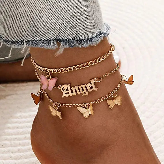 Bohemia Layered Anklet Gold Butterfly Ankle Bracelet Adjustable Stainless Steel Angel Pendant Anklet Jewelry Chain for Women