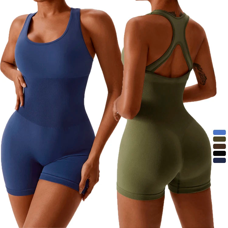 2023 Workout One Piece Yoga Jumpsuit Elastic Waist Women Backless Seamless Scrunch Butt Short Yoga Jumpsuit for Women