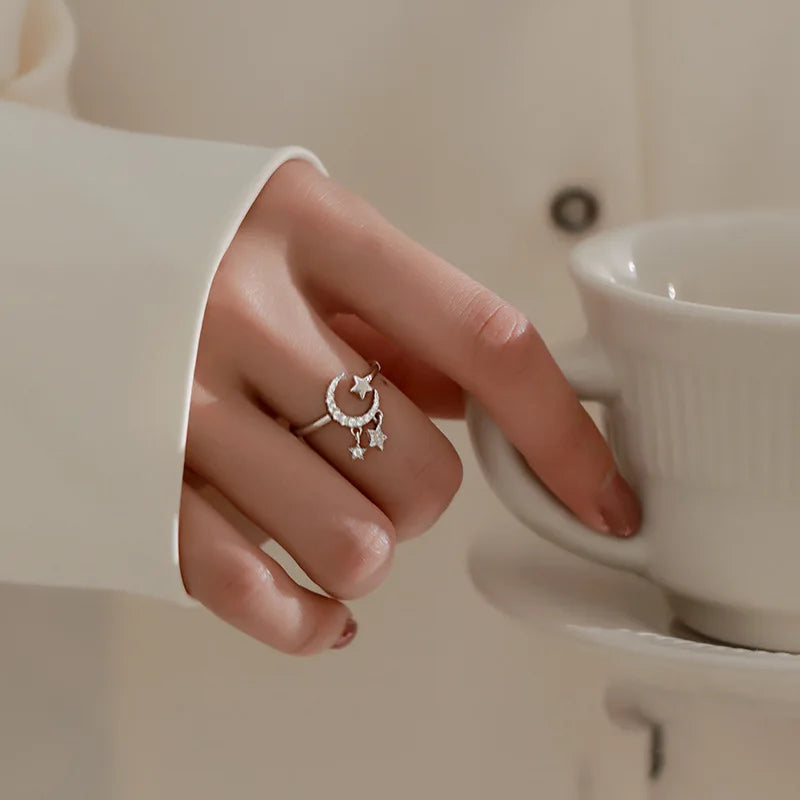 SC New Design Silver Plated Zircon Women Finger Ring Korean Fashion Adjustable Open Rings Moon Star Tassel Rings