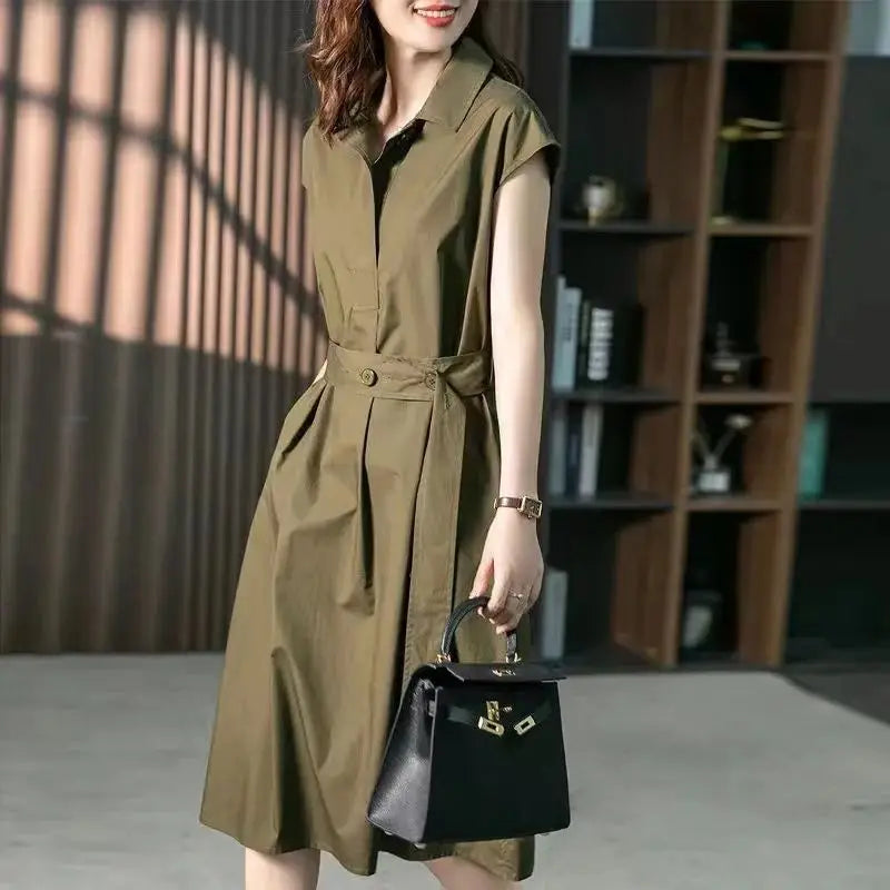 Wholesale 2026 Summer Temperament Solid Color Short Sleeve Shirt New Style Waist Tie Loose Slim Women's Dress
